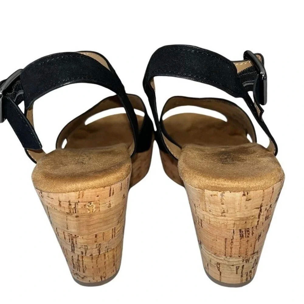Pesaro Elle Black Faux Suede Cork Wedge‎ Sandals Perforated Strappy Size 8